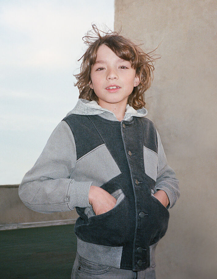 Boys’ grey denim organic hooded jacket, lettered back - IKKS