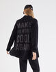 Cardigan noir mi-long broderie dos femme-3