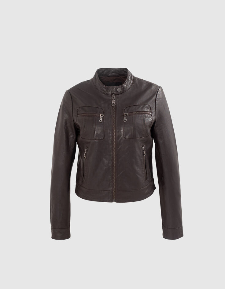 Women’s chocolate leather jacket with zipped pockets-6