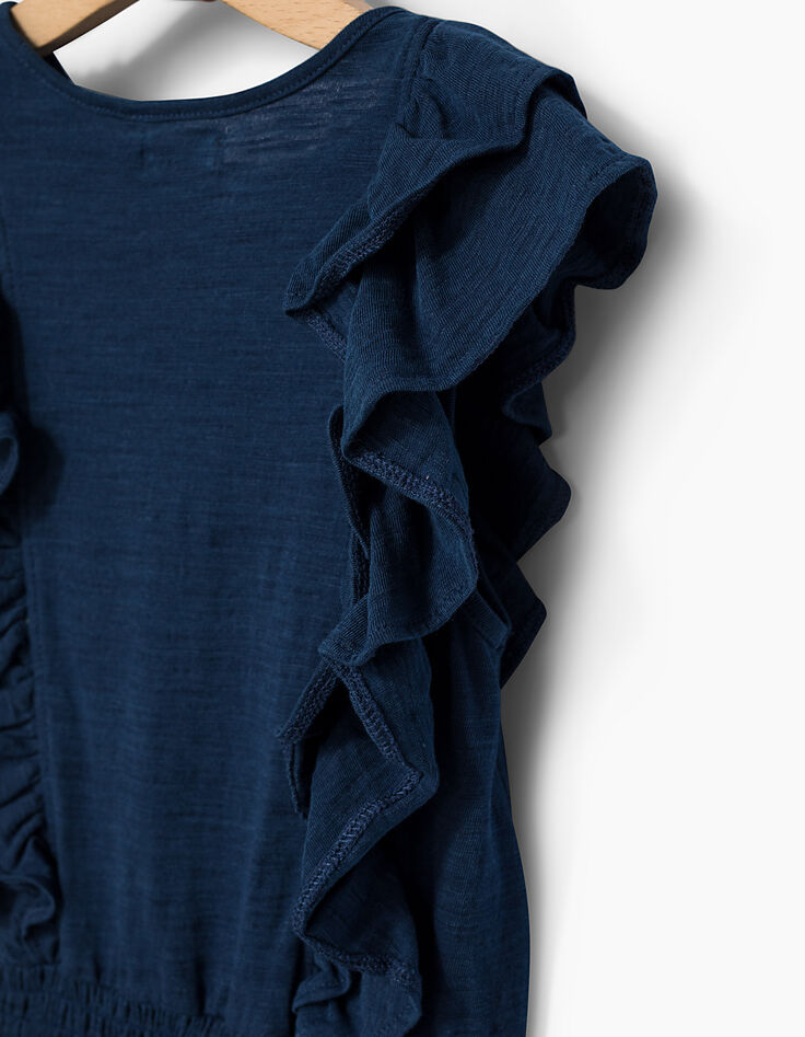 Robe indigo brodée fleurs à smocks fille-5