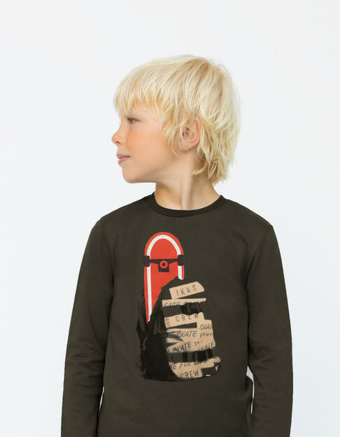 Jungen-T-Shirt khaki, Biobaumwolle, Wendepailletten-Skate