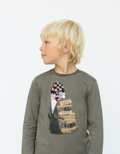 Jungen-T-Shirt khaki, Biobaumwolle, Wendepailletten-Skate