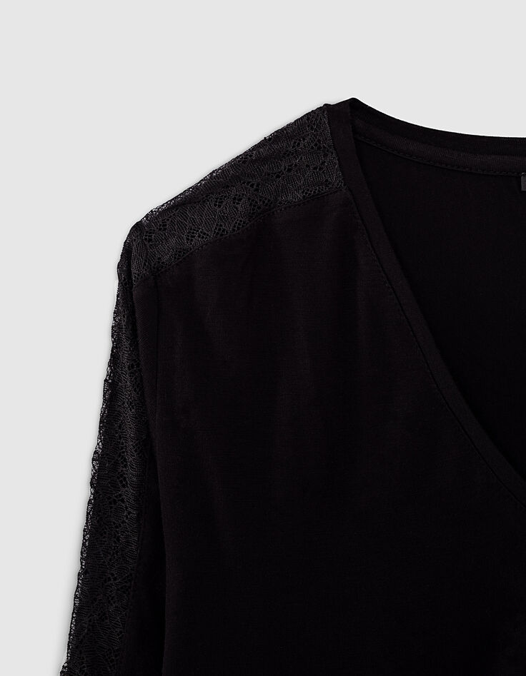 Camiseta manga larga negra pieza encaje manga mujer-2