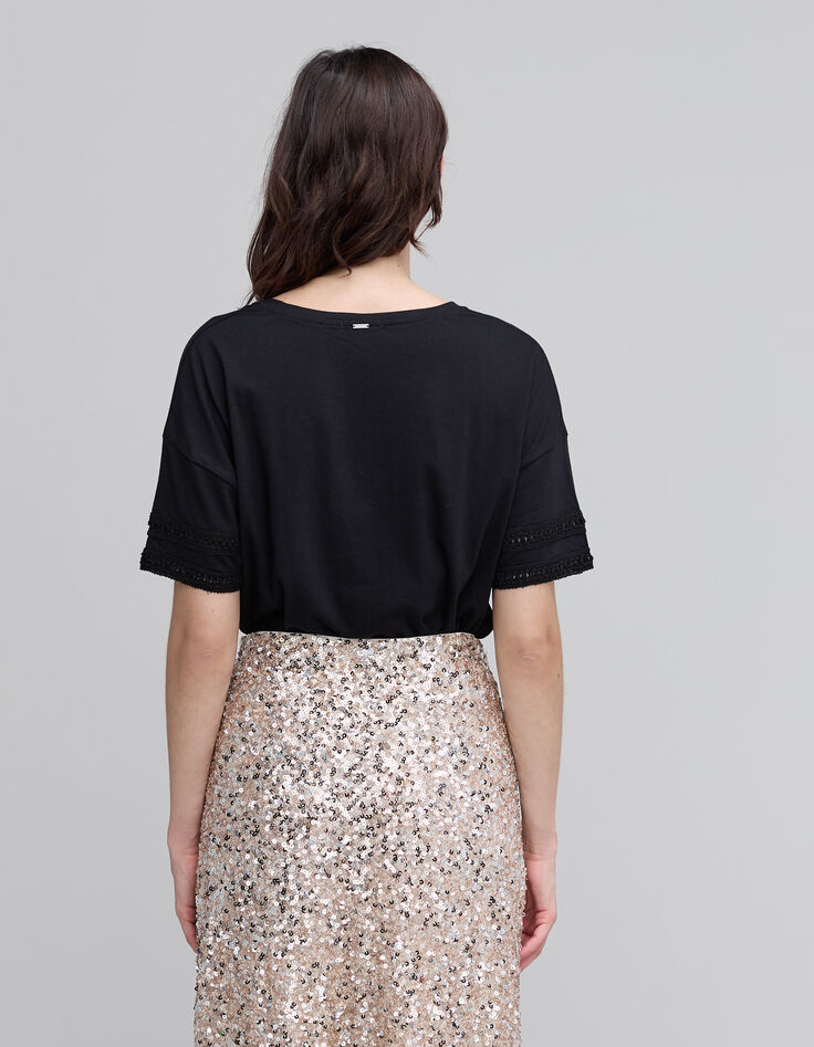 Schwarzes Damen-T-Shirt mit Schmuckkragen-5
