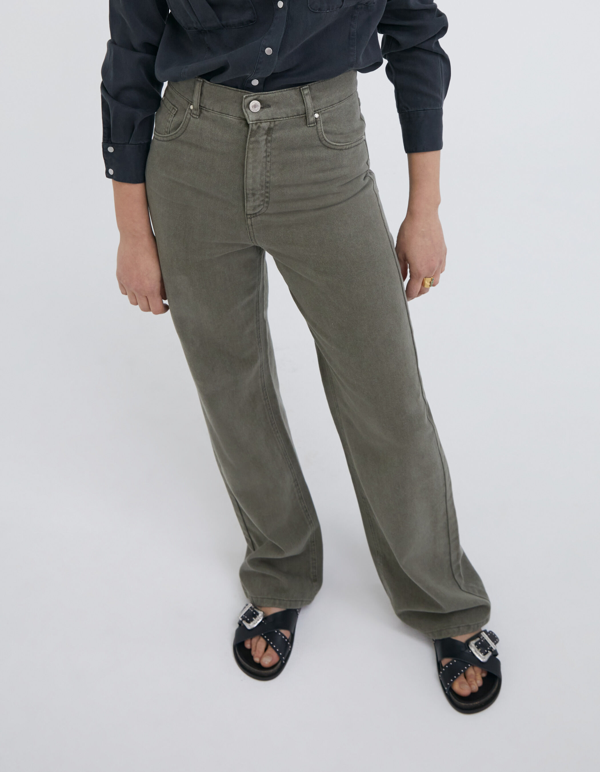 Jean large kaki taille haute Femme
