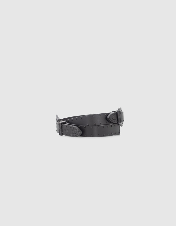 Cinturón cuero negro hebilla doble western mujer-1