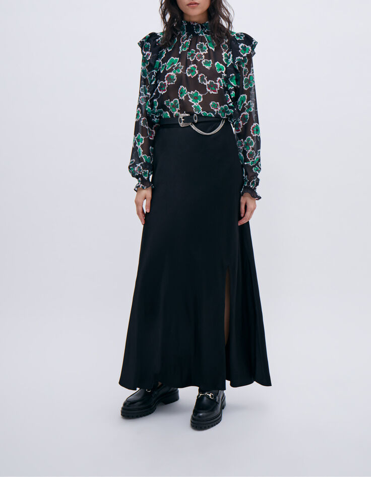 Lange zwarte rok in viscose met split Dames-6