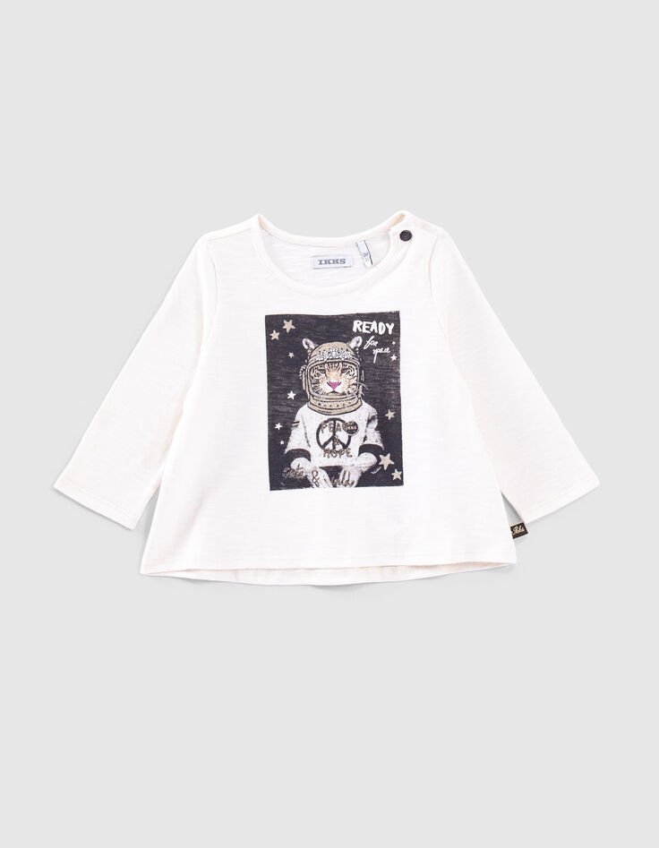 T-shirt écru bio visuel tigre-astronaute bébé fille-1