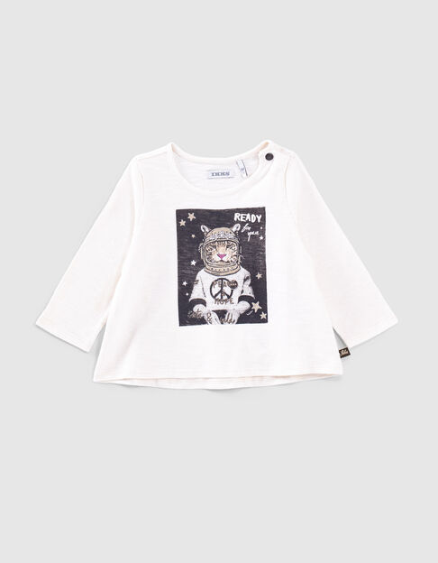 Ecru T-shirt bio opdruk tijger-astronaut babymeisjes