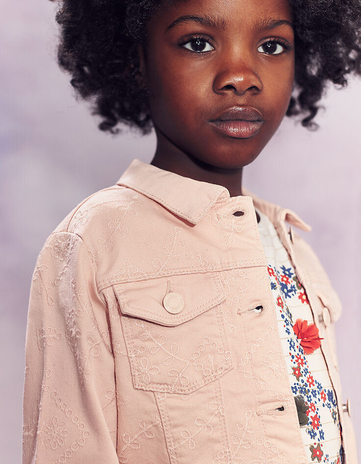 Veste en jean rose poudré brodée fille-1