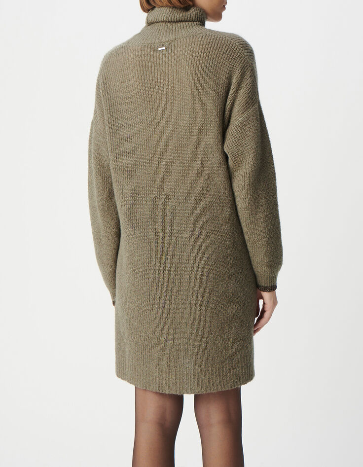 Robe pull kaki tricot côtelé col roulé Femme-4 Robe pull kaki tricot côtelé col roulé Femme-4