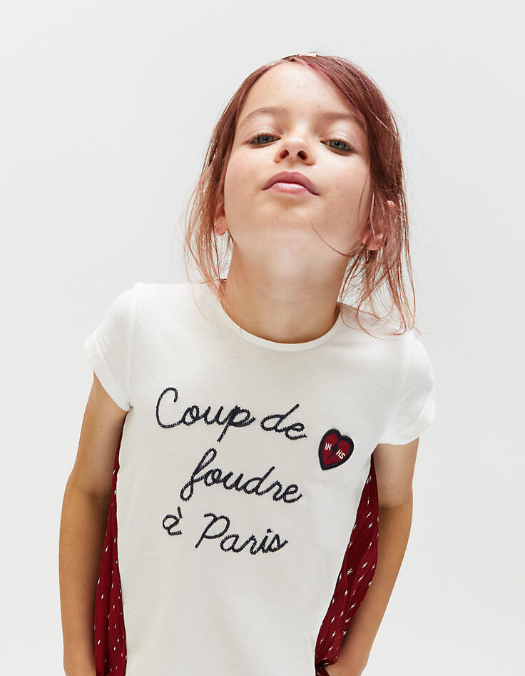 Weißes und rotes Mädchen-T-Shirt mit Print und Plissee-1