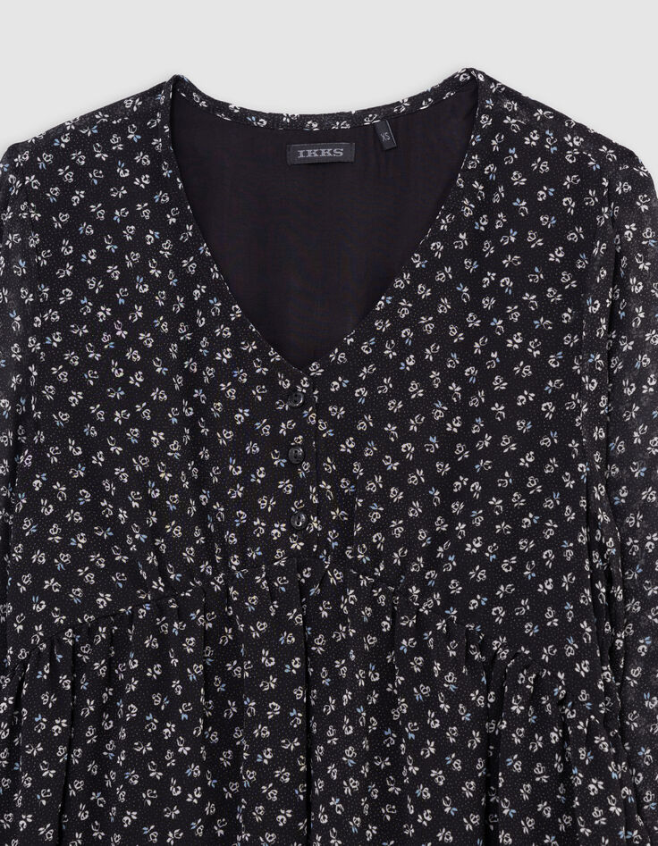 Zwarte micro-pois meisjesjurk met bloemenprint-2 Zwarte micro-pois meisjesjurk met bloemenprint-2