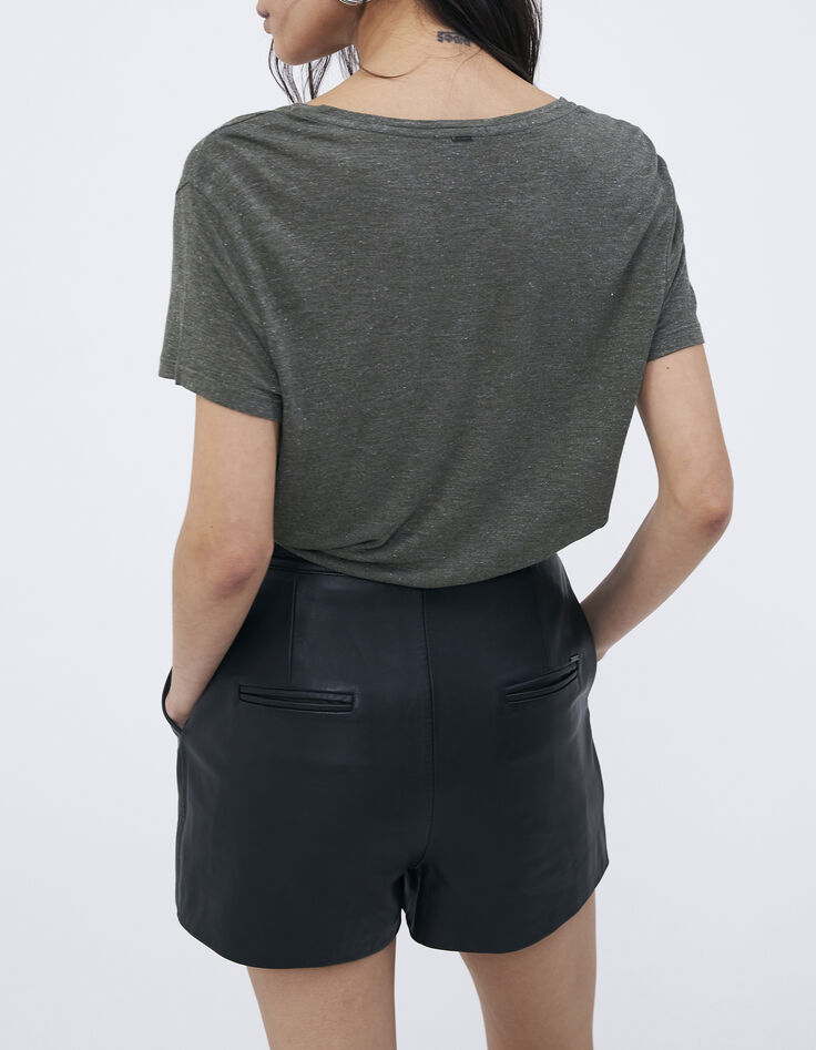Khaki Damen-T-Shirt, loose, Pailletten-Message, Stickmotiv-3