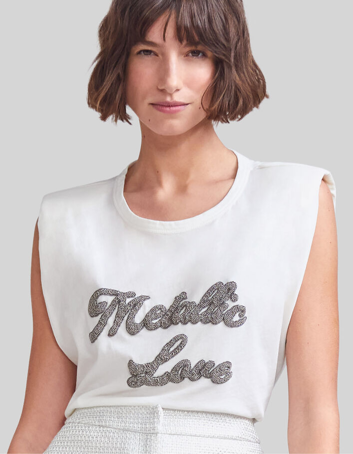 Women's off-white T-shirt with beaded slogan - IKKS