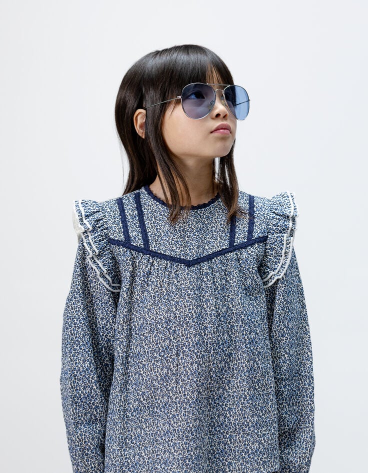 Marineblaue Mädchenbluse Leopardenprint Schleifen-1 Marineblaue Mädchenbluse Leopardenprint Schleifen-1