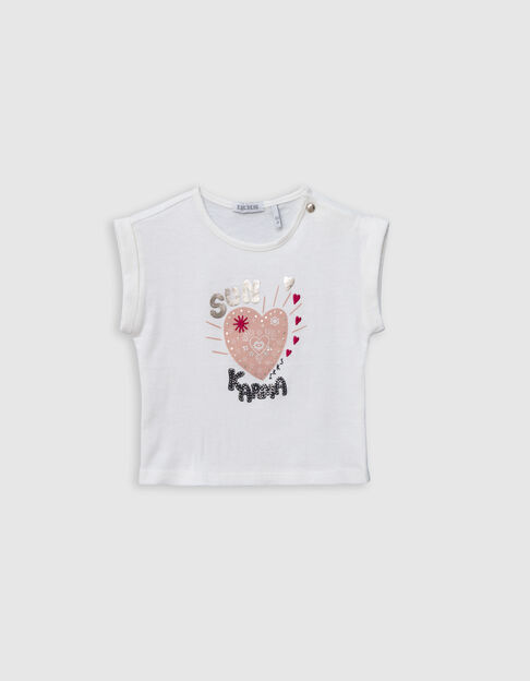 Weißes Mädchen-T-Shirt, Biowolle mit Botschaft und Herzen - IKKS