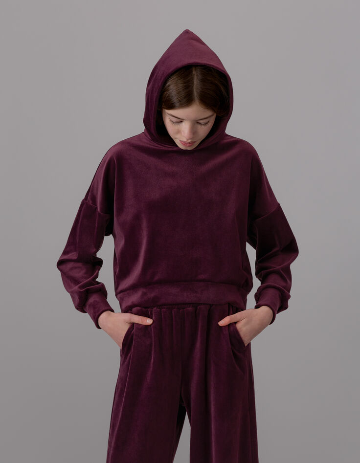 Girls’ burgundy velvet knit hoodie-2