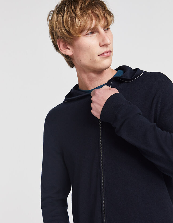 Men’s navy cardigan with ecru striped hood-2