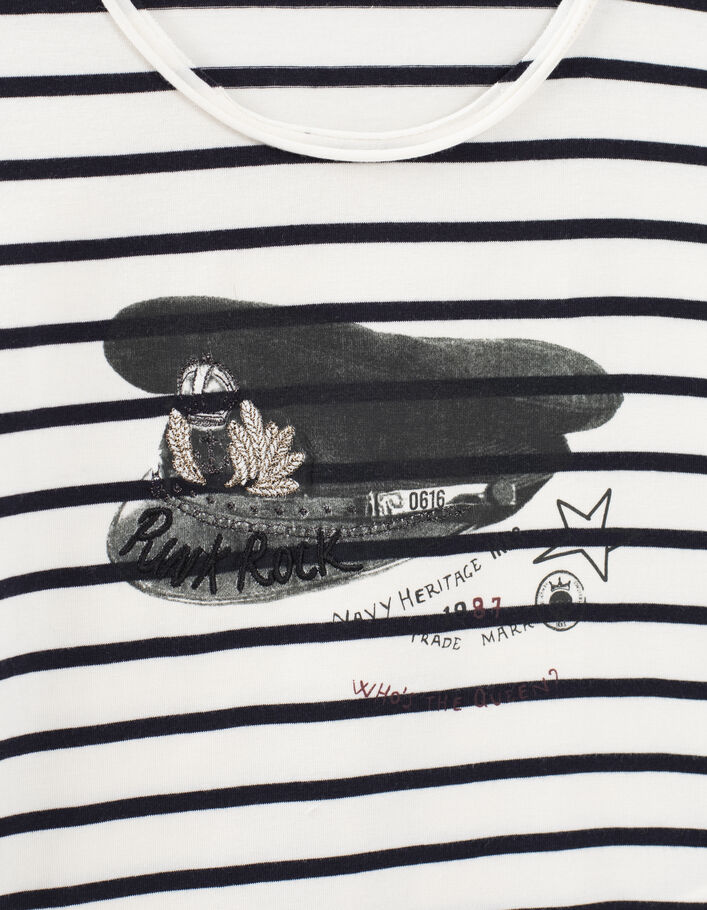 Girls’ ecru striped T-shirt with cap image-5