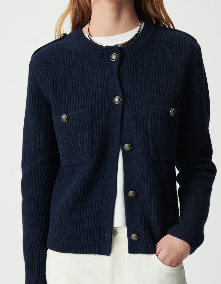 Marineblaue Damen-Kurzstrickjacke 100 % Rippwolle-5