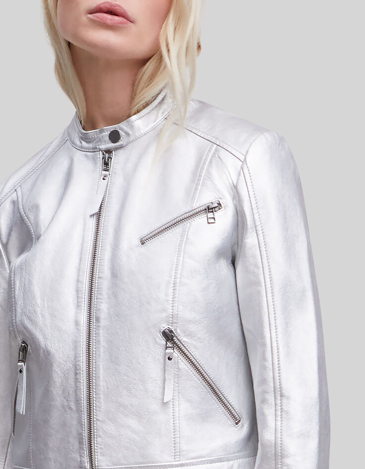 Women&rsquo;s silver leather zipped jacket-5