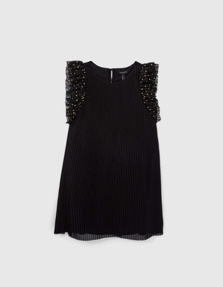 Zwarte jurk pliss&eacute; fantasievolants meisjes-1