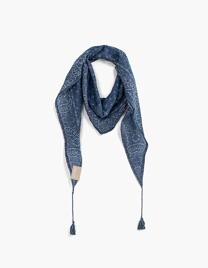 Women’s bandana print fine linen scarf with braids tassels - IKKS