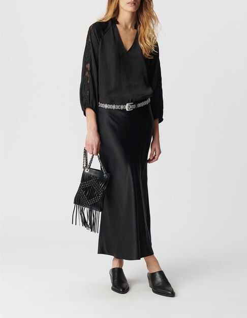 Blusa negra efecto arrugado con encaje Mujer - IKKS