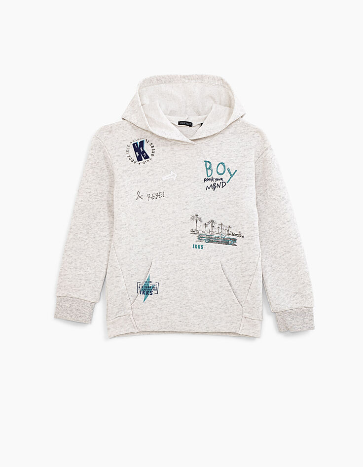 Sweat gris clair print et broderies molleton bio garçon -1