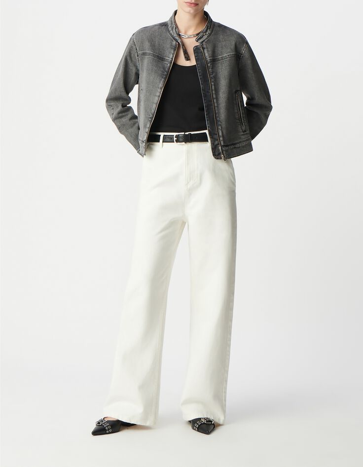 Graue Jeansjacke mit Rei&szlig;verschluss f&uuml;r Damen-1