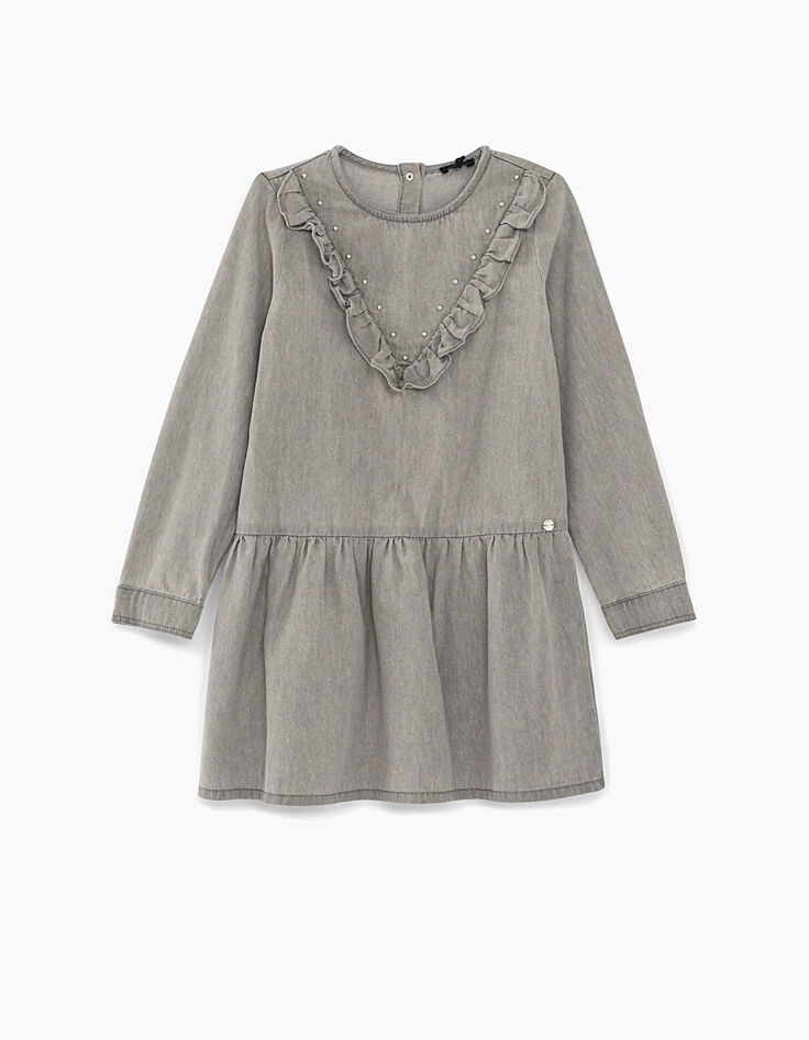 Girls’ bleached grey stud and ruffle denim dress-1 Girls’ bleached grey stud and ruffle denim dress-1