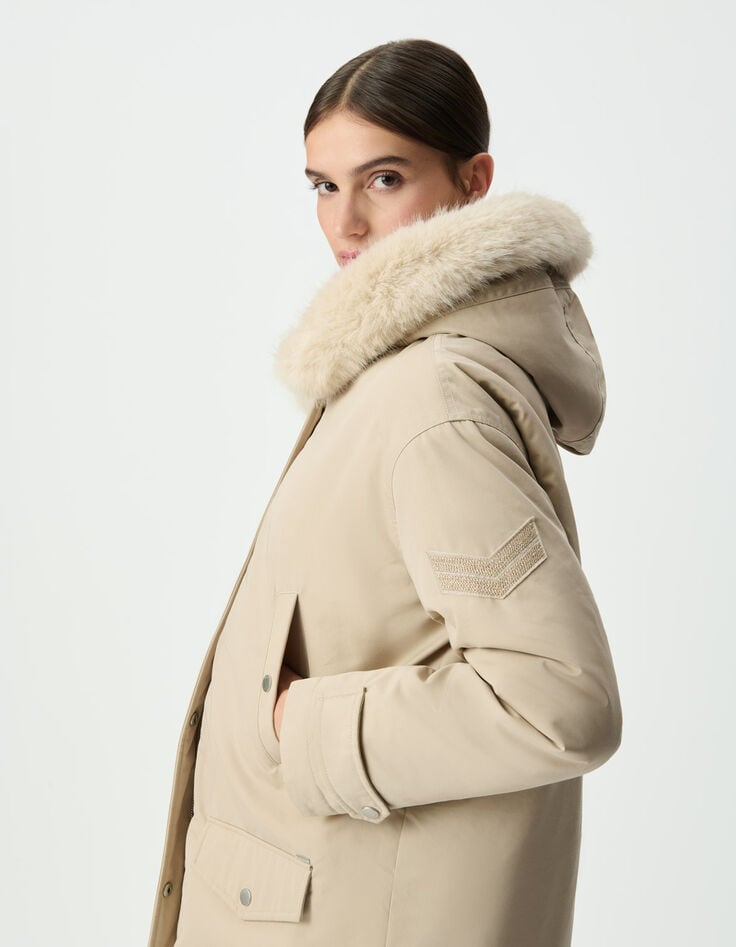 Parka oversize beige à capuche fourrée Femme-8
