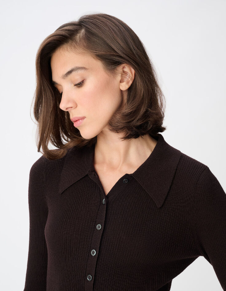 Jersey marr&oacute;n canal&eacute; cuello polo para mujer-4