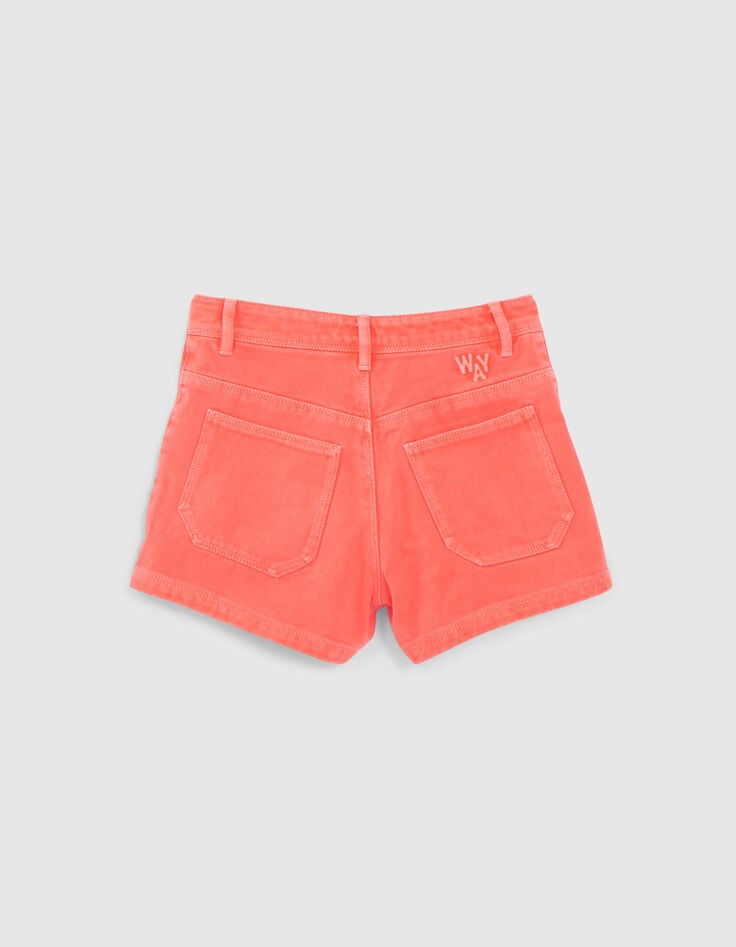 Short en jean rouge upcyclé poches plaquées fille-3