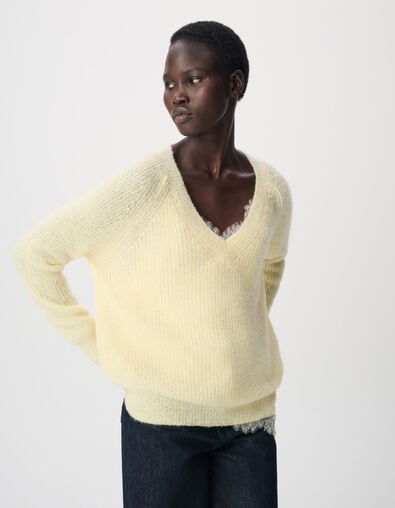 Pull col V jaune tricot loose Femme - IKKS