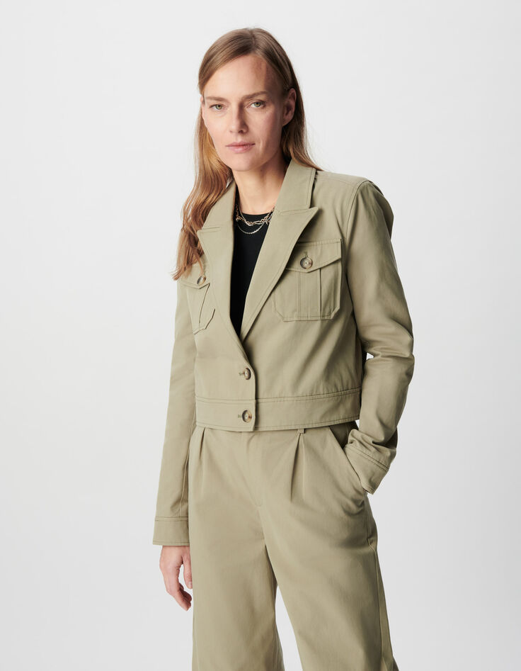 Women's short green jacket with removable white satin hood-5