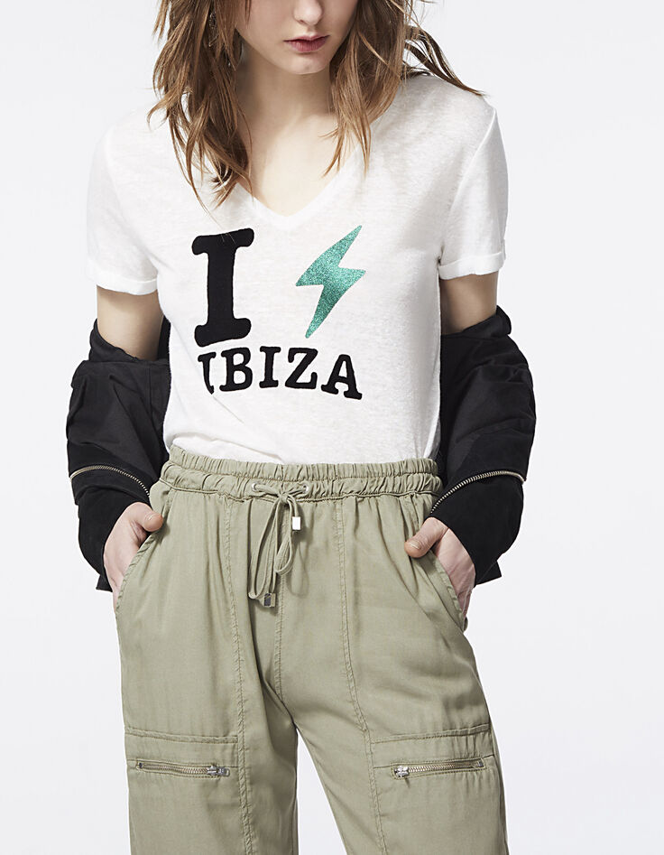 Cremeweißes Damen-T-Shirt mit geflocktem Veloursmotiv-1