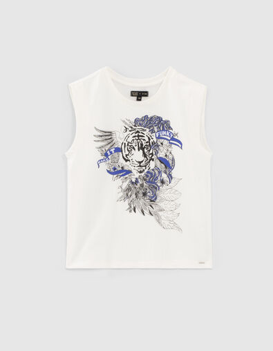 T-shirt blanc cass&eacute; coton bio visuel tigre fille - IKKS
