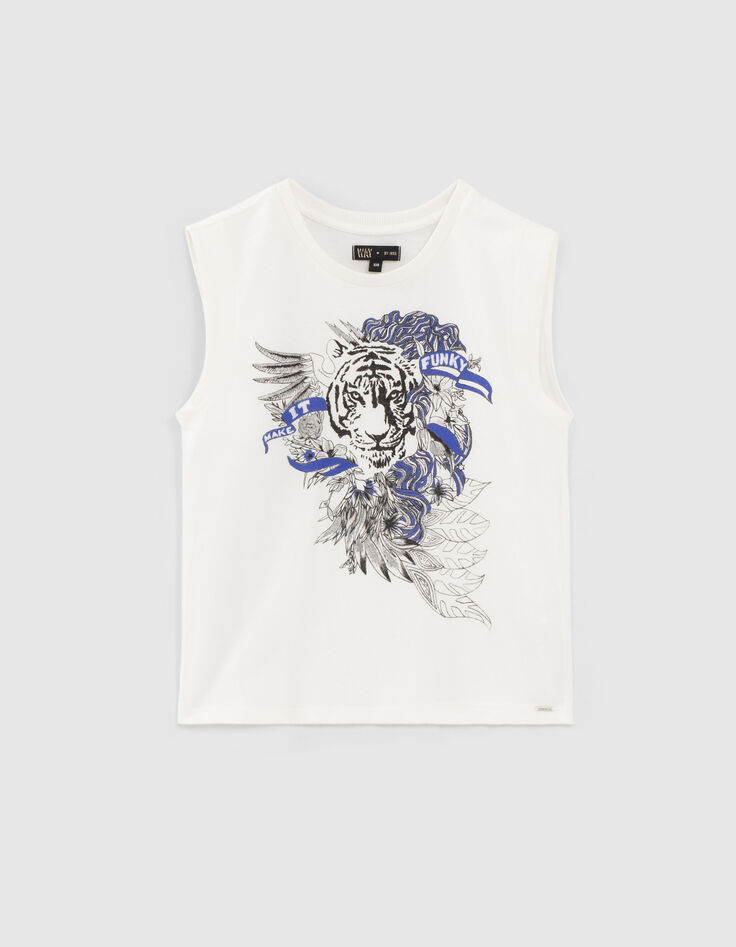 T-shirt blanc cass&eacute; coton bio visuel tigre fille-1