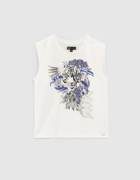 Camiseta blanco roto algodón ecológico motivo tigre niña