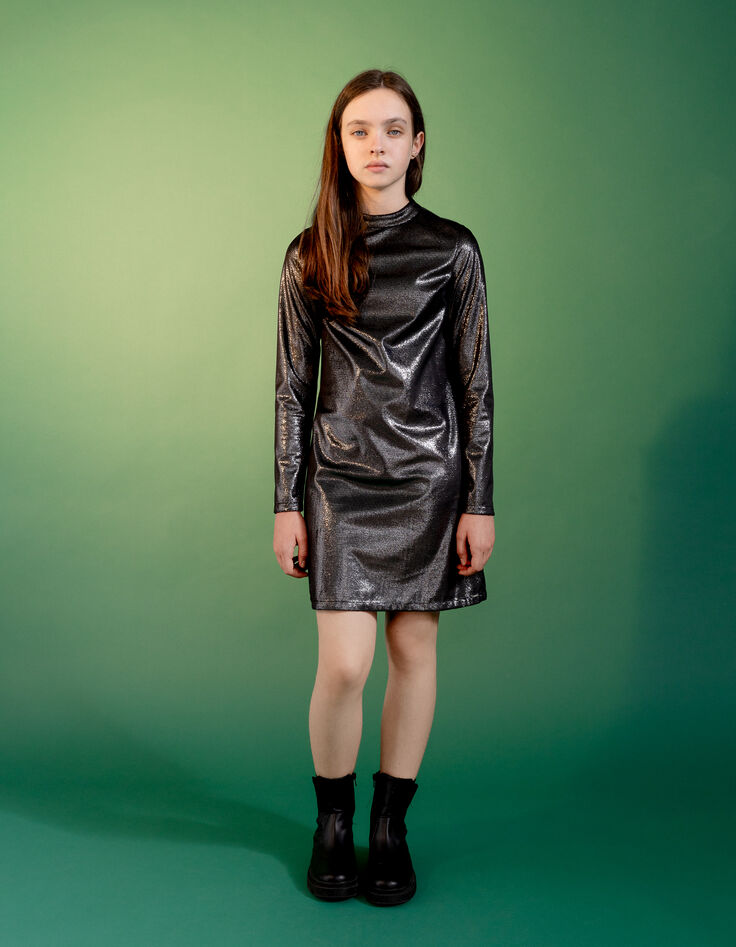Black sequined velvet dress with high collar for girls-3