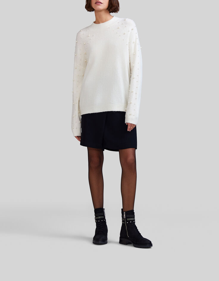 Women’s ecru knit sweater with embroidered pearly beads-1