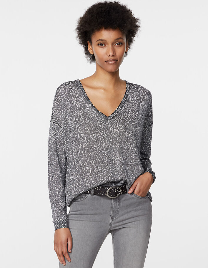 Women’s metallic leopard-print viscose V-neck sweater - IKKS