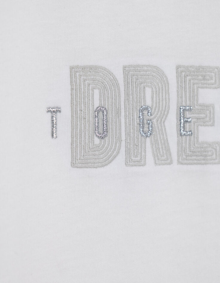 Women's white V-neck tee with embroidered message-7