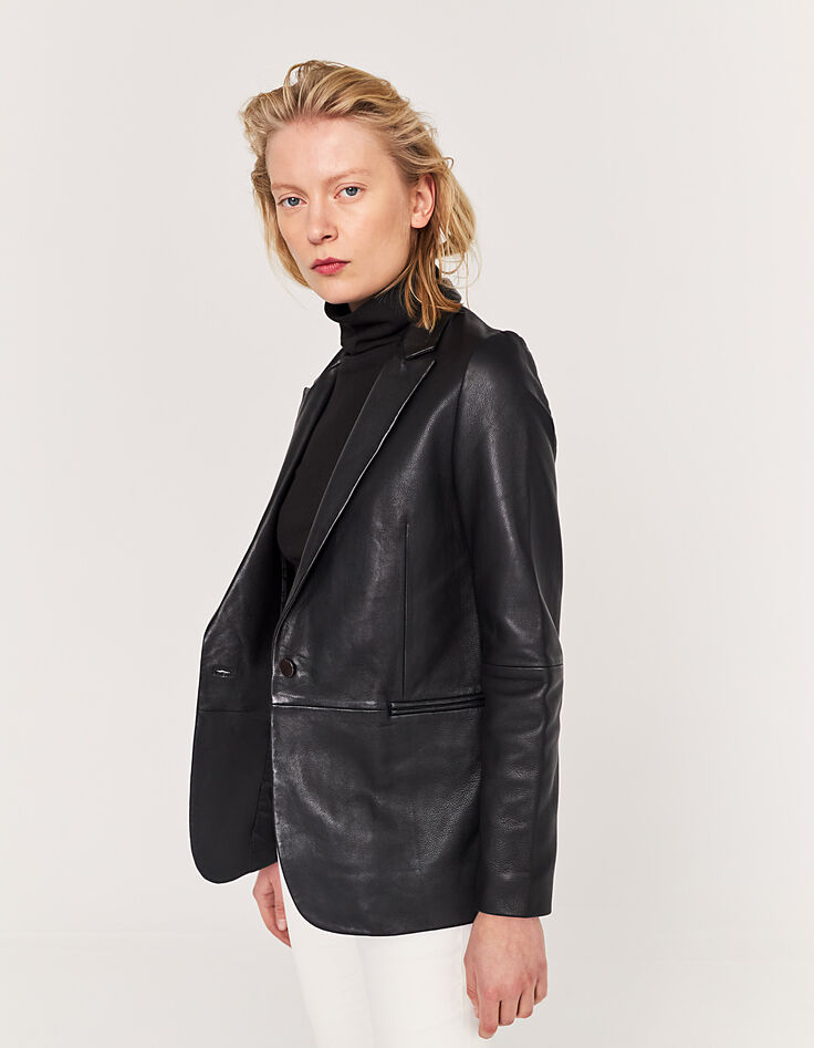 Veste mi- longue en cuir d'agneau noir femme-3