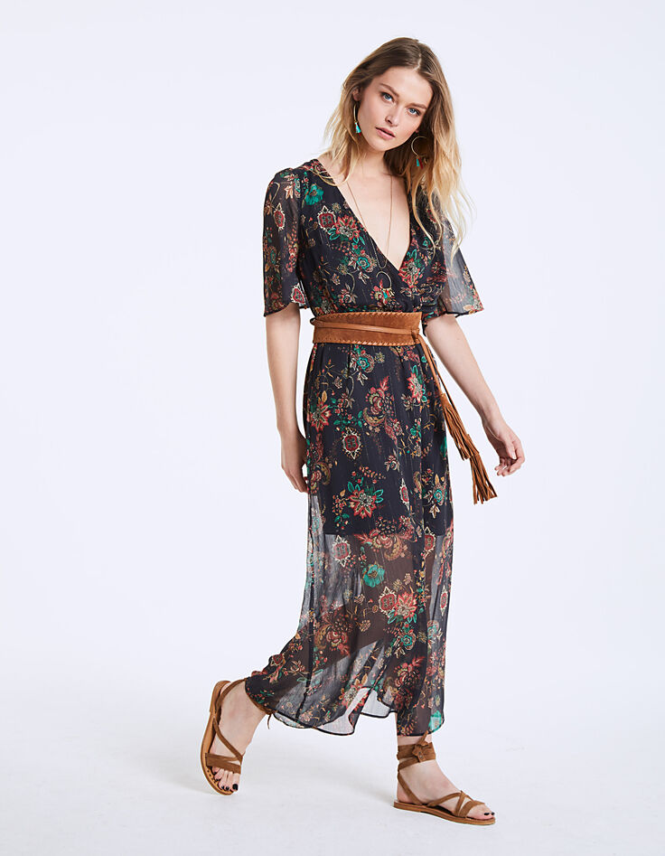 Robe longue col V en voile imprimé floral métallisé-6