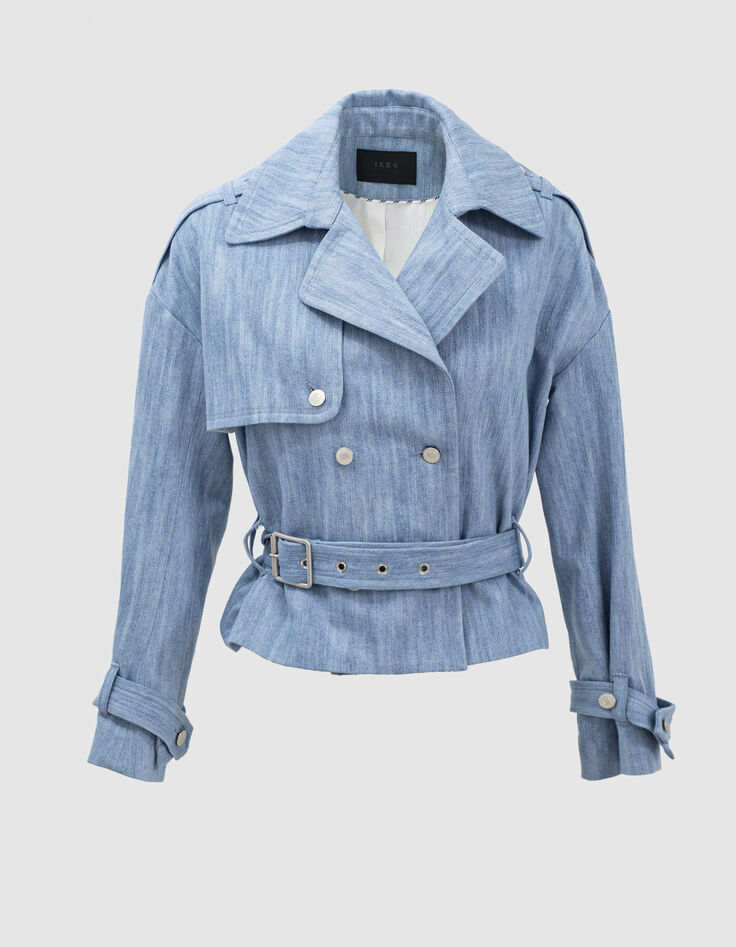 Women’s light blue denim short trench coat-6