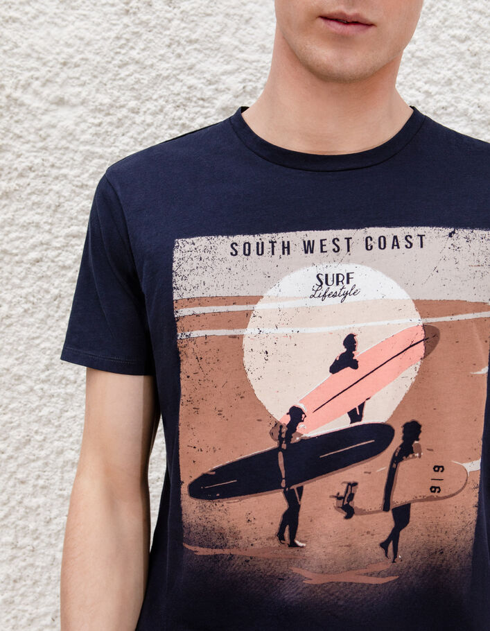 Men's navy T-shirt with surfers and sun image - IKKS
