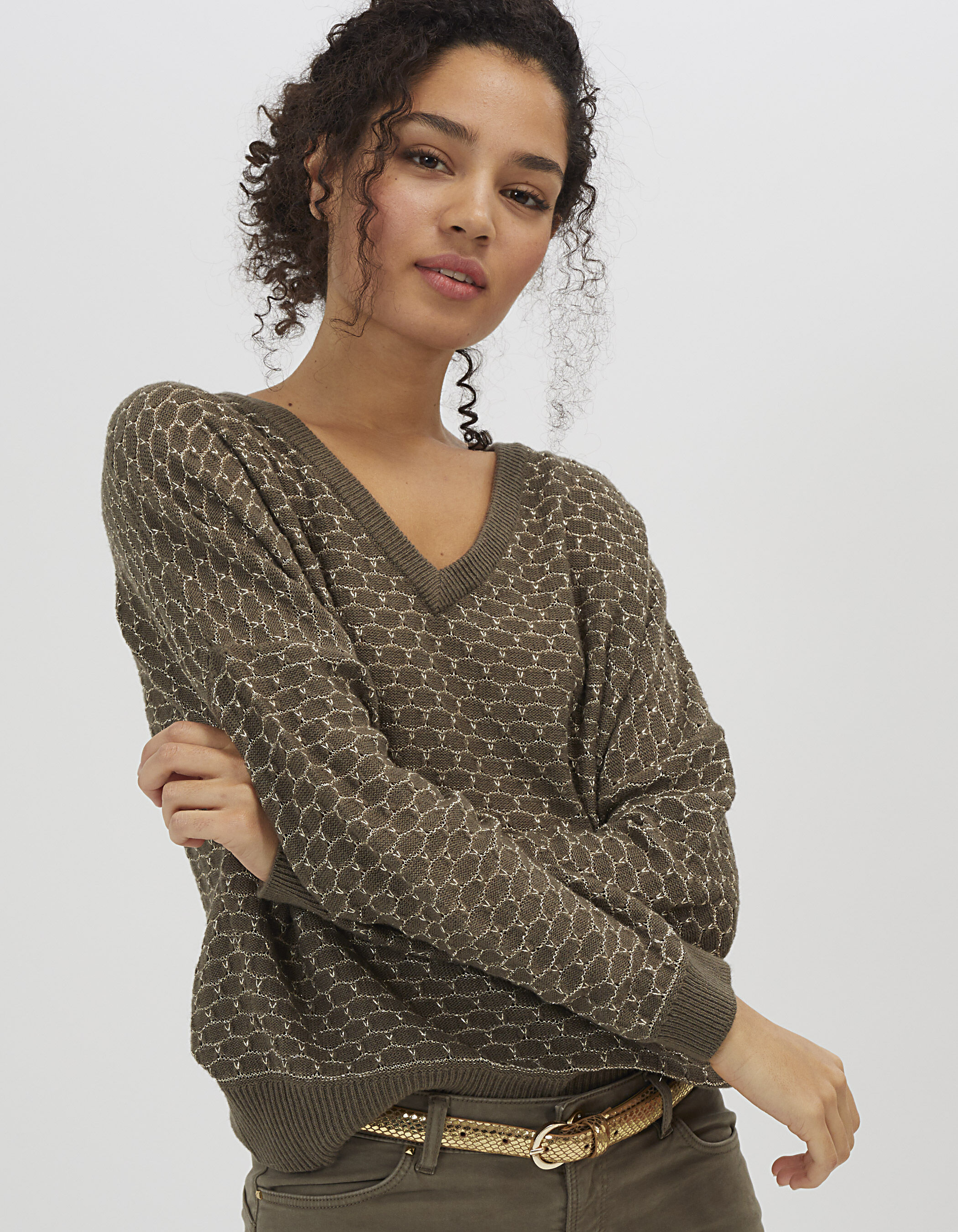 I.Code khaki sweater with glitter stitching